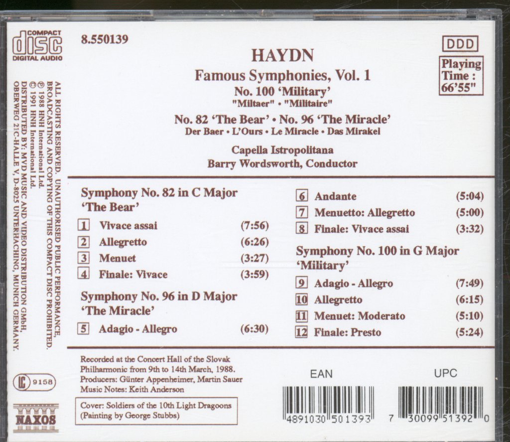 Capella Istropolitana, Barry Wordsworth - Haydyn - Famous Symphonies, Vol 1 (No.100 'Military' • No.82 'The Bear' • No.96 'The Miracle') - Cd