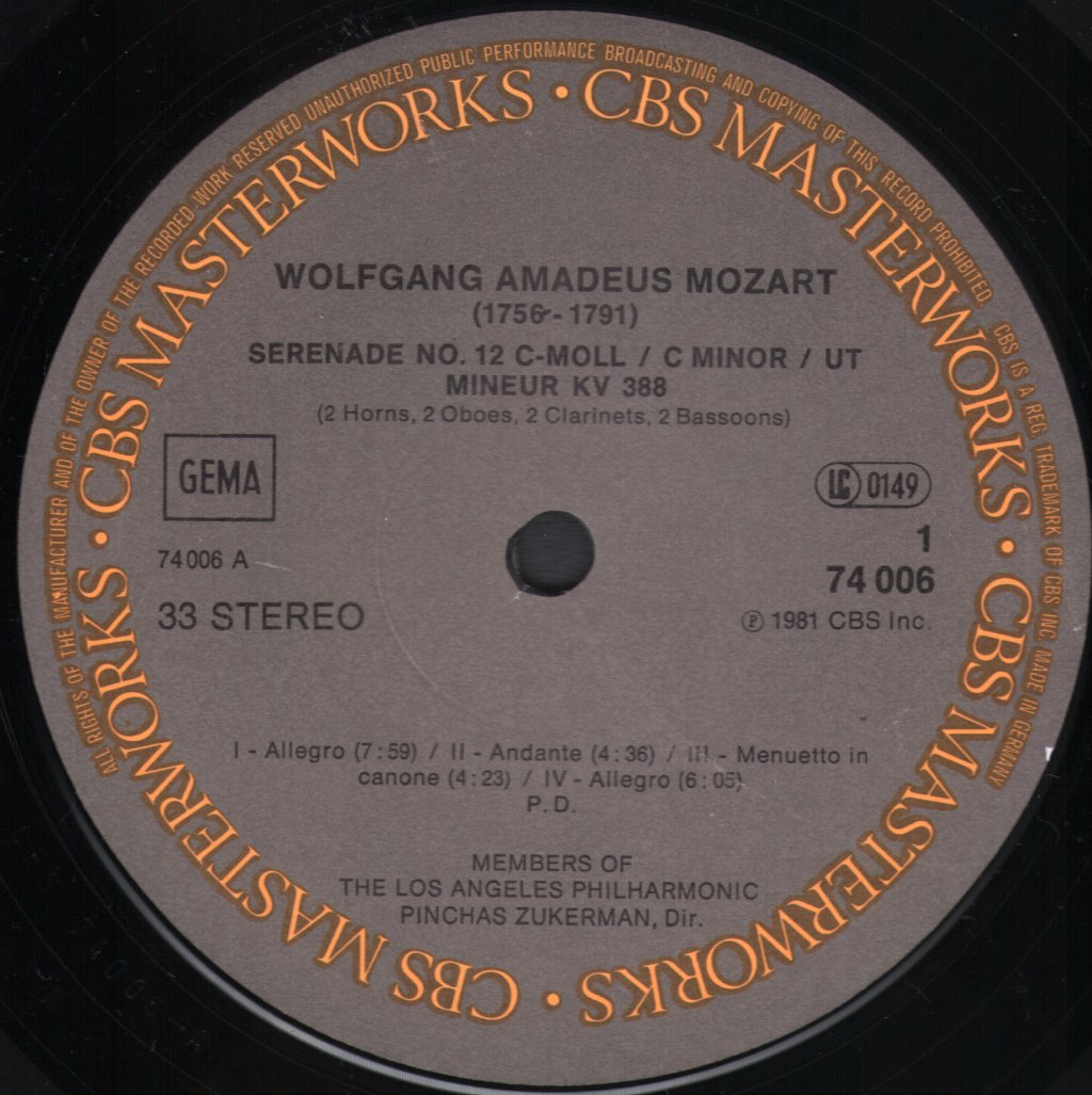 Pinchas Zukerman / Members Of The Los Angeles Philharmonic / English Chamber Orchestra / Daniel Barenboim - Mozart - Serenade K. 388 / Divertimento K. 136 / Rondo K. 296 - Lp
