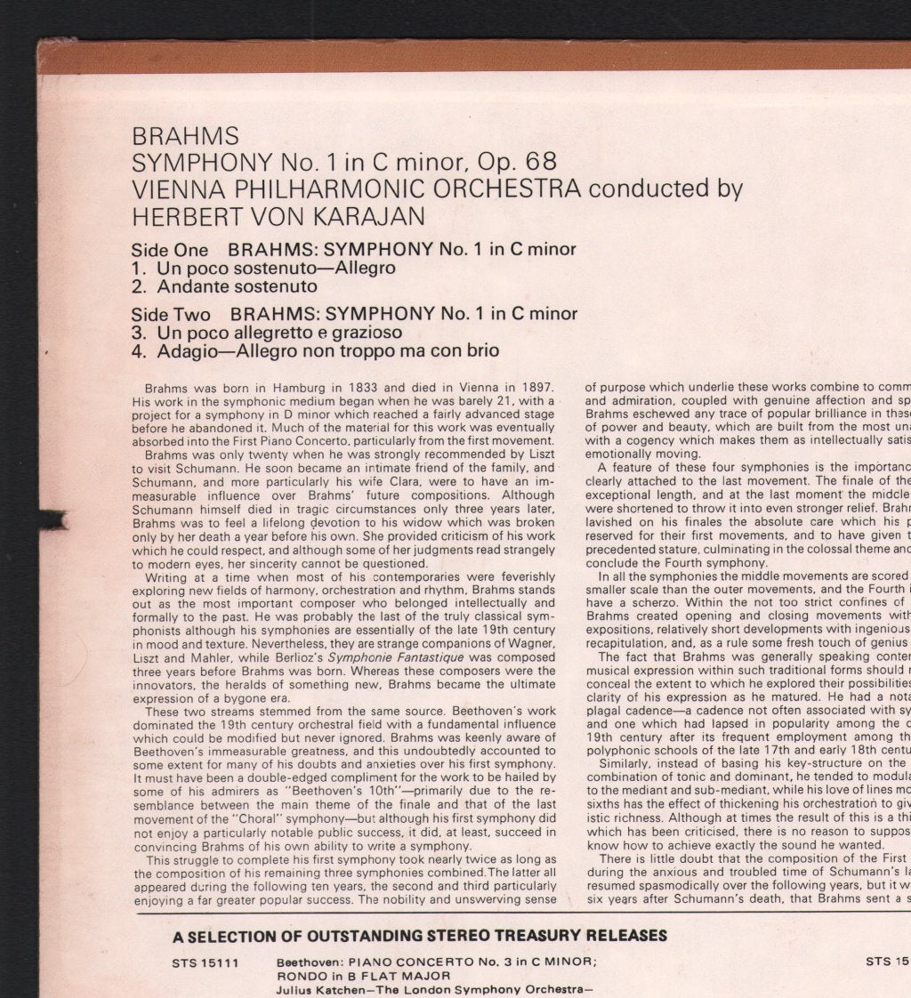 Herbert von Karajan / Vienna Philharmonic Orchestra - Brahms Symphony No.1 In C Minor, Op. 68 - Lp