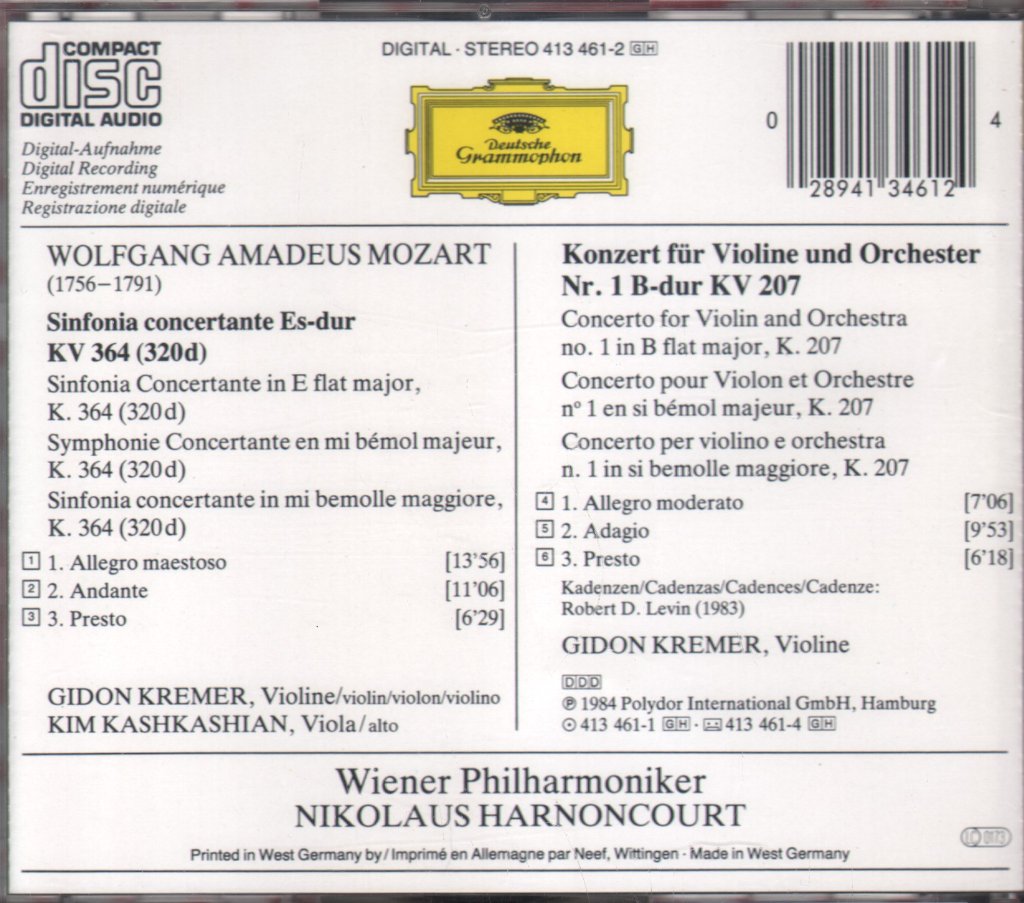 Gidon Kremer / Kim Kashkashian / Nikolaus Harnoncourt / Wiener Philharmoniker - Mozart - Sinfonia Concertante K.364 / Violin Concerto - Cd