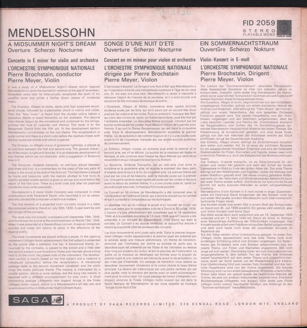 Pierre Meyer / L'Orchestre Symphonique Nationale / Pierre Brochstain - Mendelssohn - A Midsummer Nights Dream / Violin Concerto Opus 64 - Lp