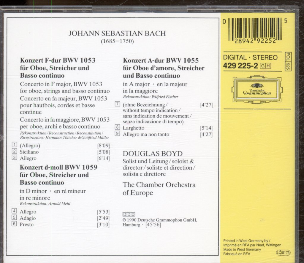 Douglas Boyd, Chamber Orchestra Of Europe - Bach - Oboenkonzerte BWV 1053 • 1055 • 1059 = Oboe Concertos = Concertos Pour Hautbois - Cd