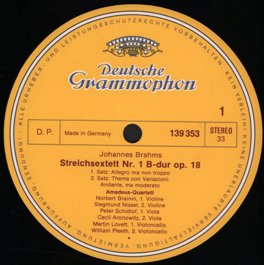 Amadeus-Quartett / Cecil Aronowitz / William Pleeth - Johannes Brahms - Streichsextett Nr. 1 B-dur Op. 18 - Lp