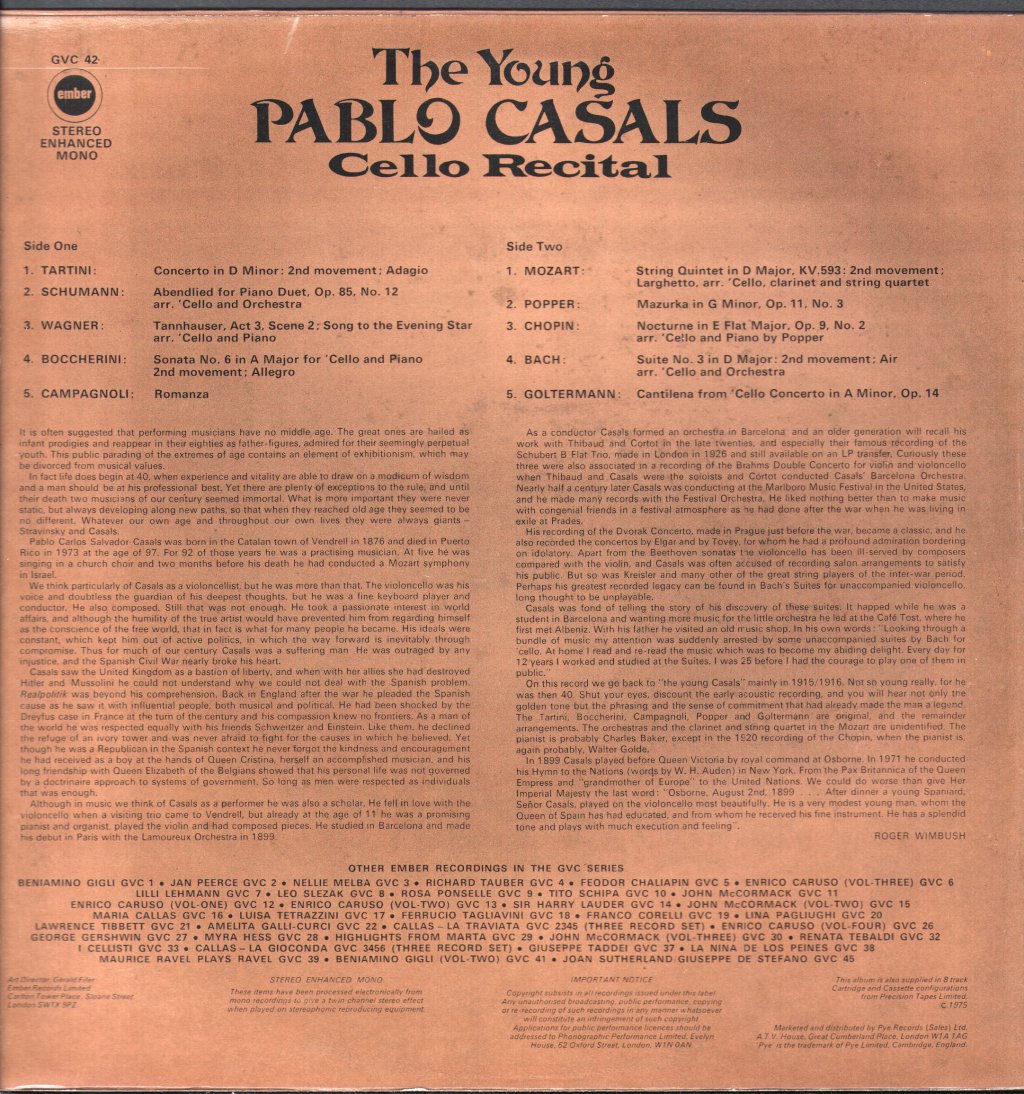 Pablo Casals - Young Pablo Casals - Cello Recital - Lp