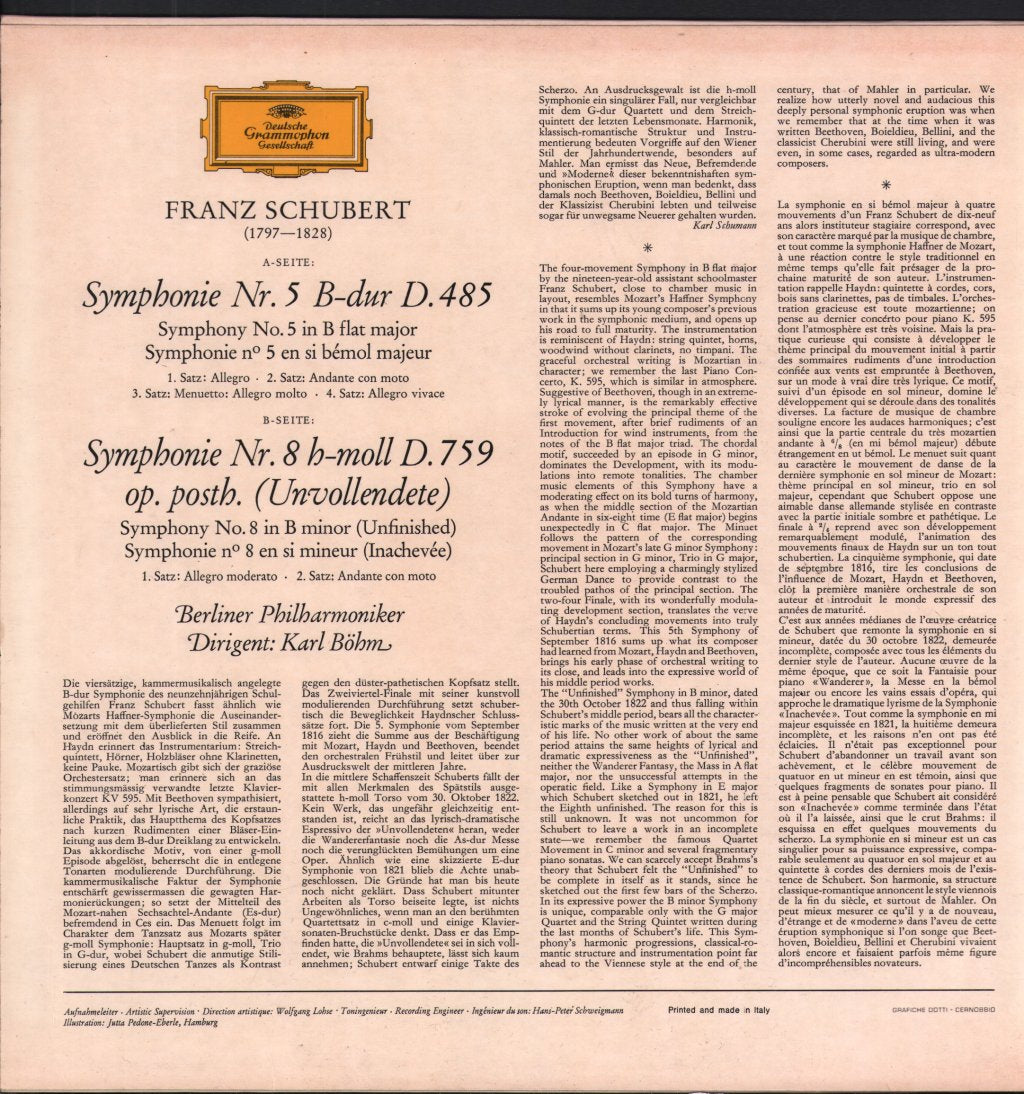 Karl Bohm / Berlin Philharmonic - Schubert - Symphonies Nr. 5 & Nr. 8 (Unvollendete · Inachevée · Unfinished) - Lp