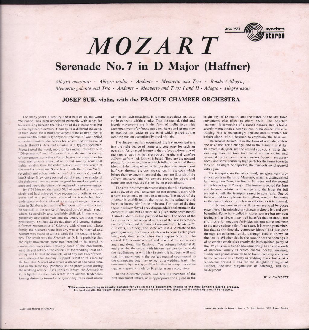 Josef Suk / Prague Chamber Orchestra - Mozart - Haffner Serenade No 7 in D-dur, KV 250 - Lp