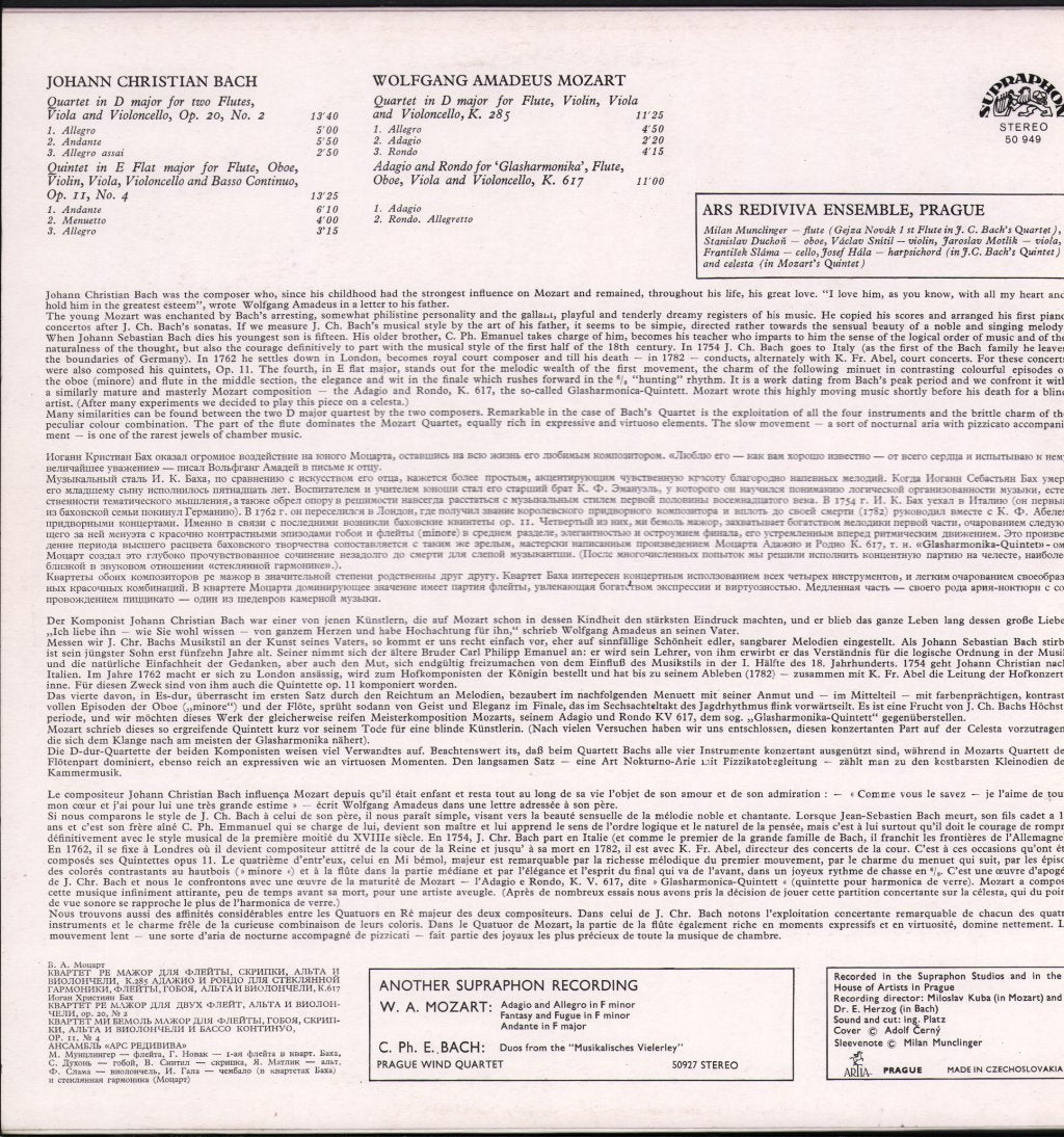 Ars Rediviva Ensemble - W. A. Mozart - Flute-Quartet In D / Adagio And Rondo, Köch. 617  (Glasharmonica-Quintet) / J. C. Bach - Quartet In D Major - Lp