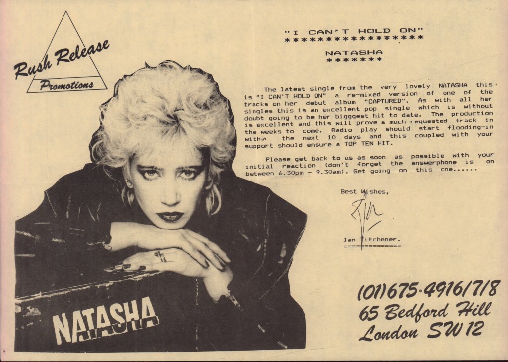 Natasha (Early 80'S Singer) - I Can't Hold On - 7 Inch