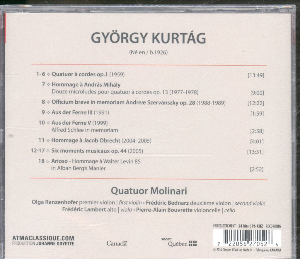 Quatuor Molinari - György Kurtág - Intégrale Des Quatuors À Cordes = Complete String Quartets - Cd