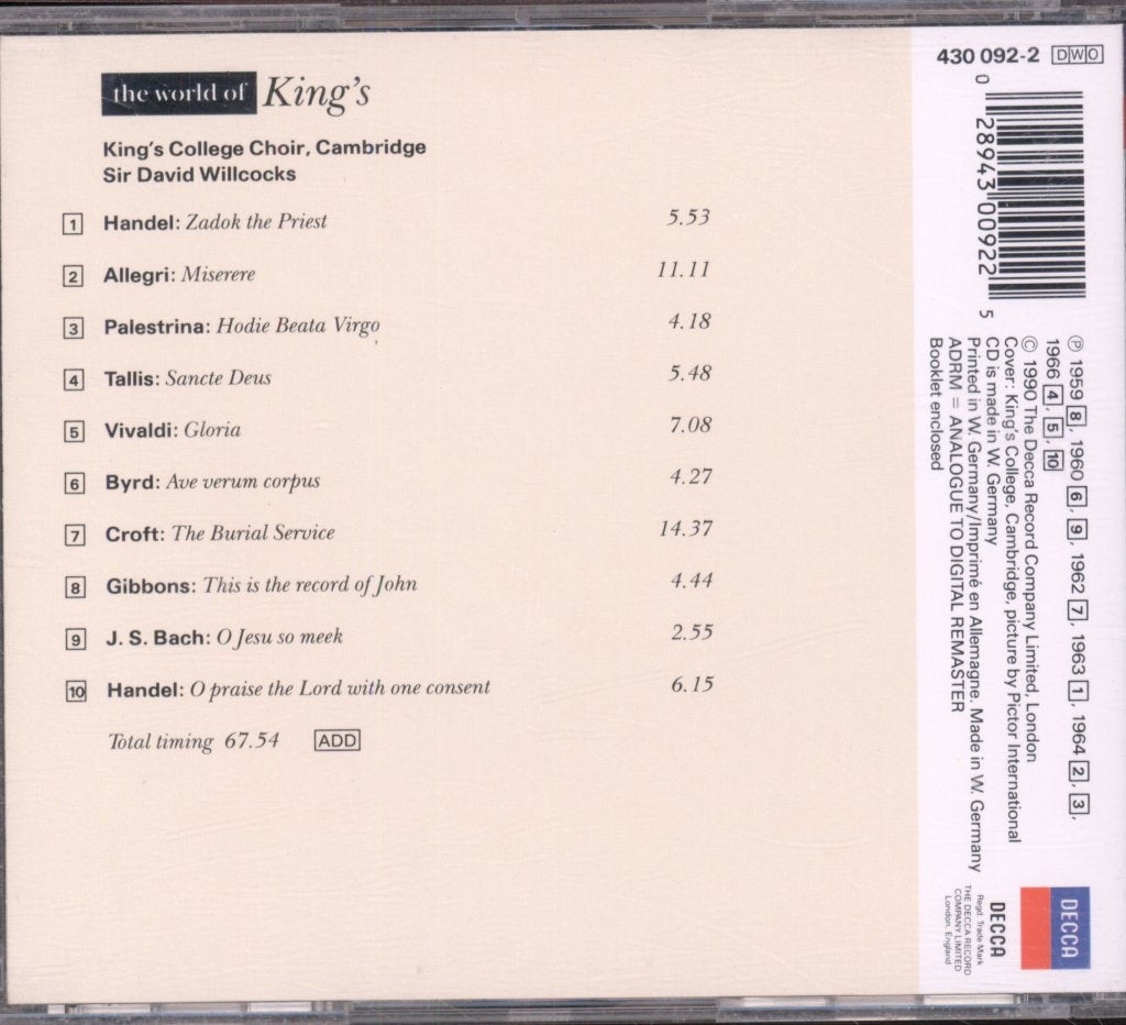 King's College Choir, Cambridge, Sir David Willcocks - World Of King's - Cd