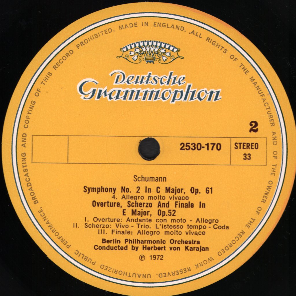Herbert Von Karajan / Berlin Philharmonic Orchestra - Schumann - Symphony No.2 / Overture, Scherzo and Finale in E  Major, Op. 52 - Lp