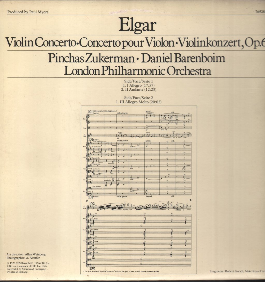 Pinchas Zukerman / Daniel Barenboim - Elgar Violin Concerto - Lp