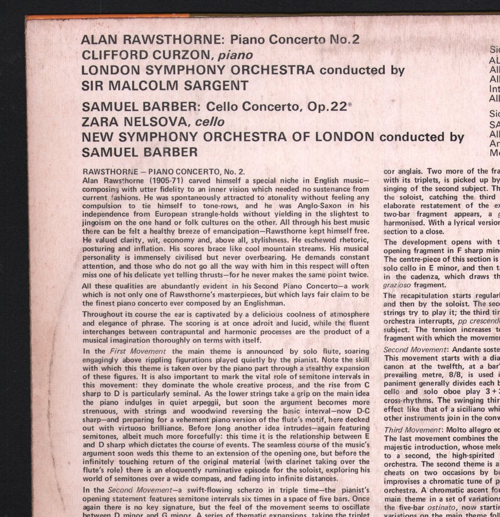 Clifford Curzon / Zara Nelsova - Rawsthorne - Piano Concerto No.2 / Barber - Cello - Lp