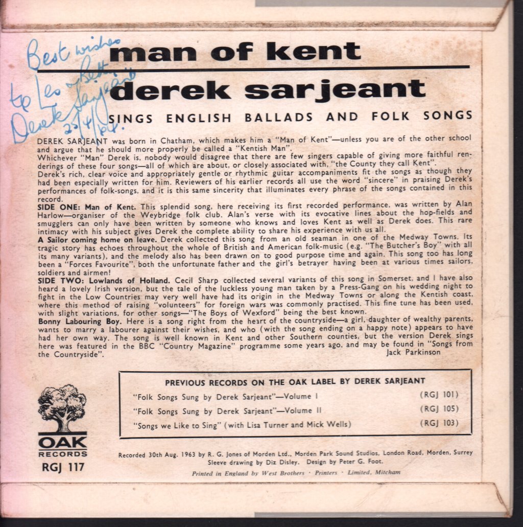 Derek Sarjeant - Man Of Kent - 7 Inch