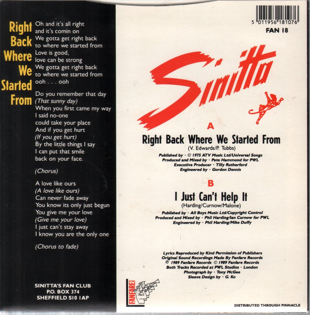 Sinitta - Right Back Where We Started From - 7 Inch