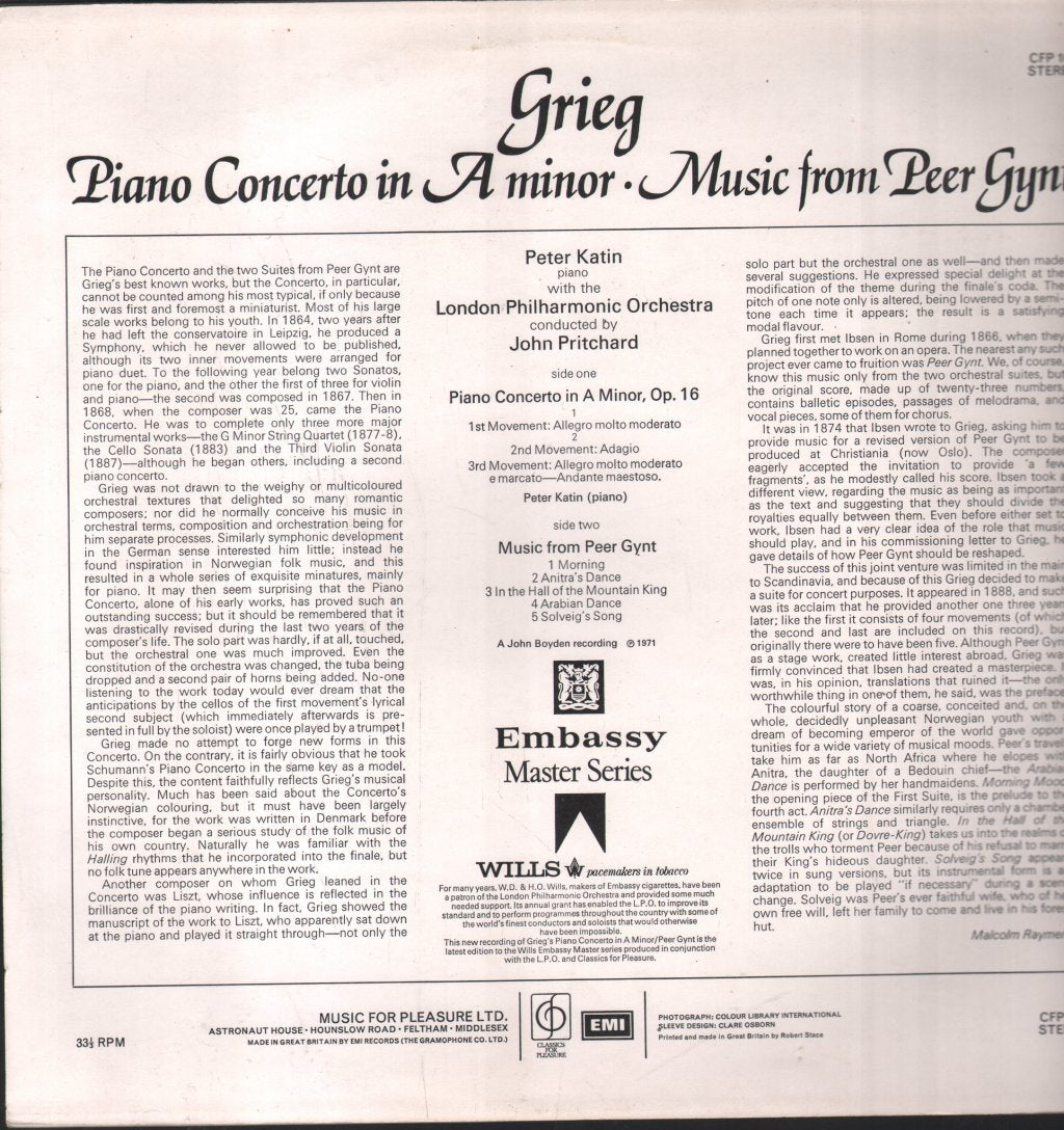 Peter Katin / London Philharmonic Orchestra / John Pritchard - Grieg Piano Concerto In A Minor - Lp