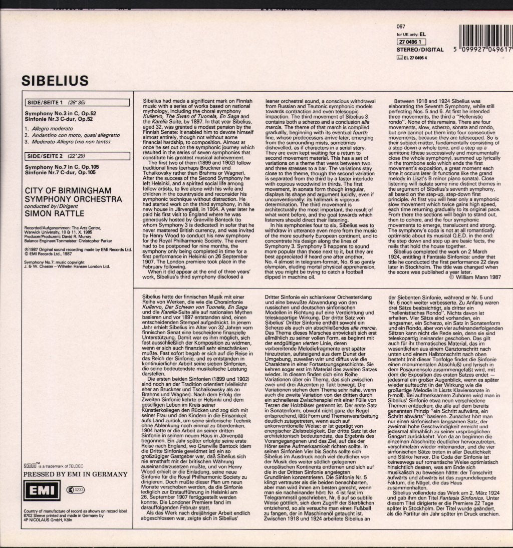 Simon Rattle / City Of Birmingham Symphony Orchestra - Sibelius - Symphonies Nos. 3 & 7 - Lp