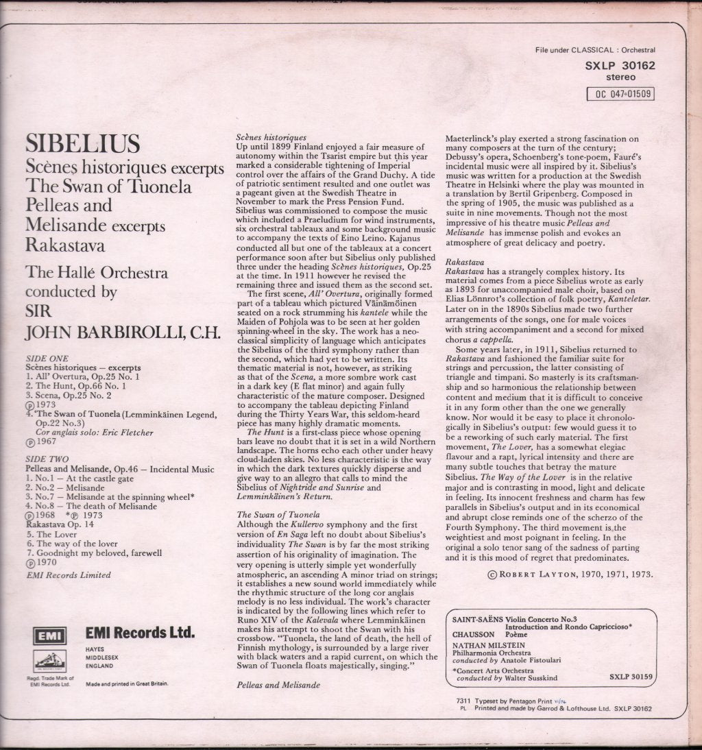 Sir John Barbirolli / Halle Orchestra - Sibelius - Scenes Historiques / Pelleas & Melisande - Lp