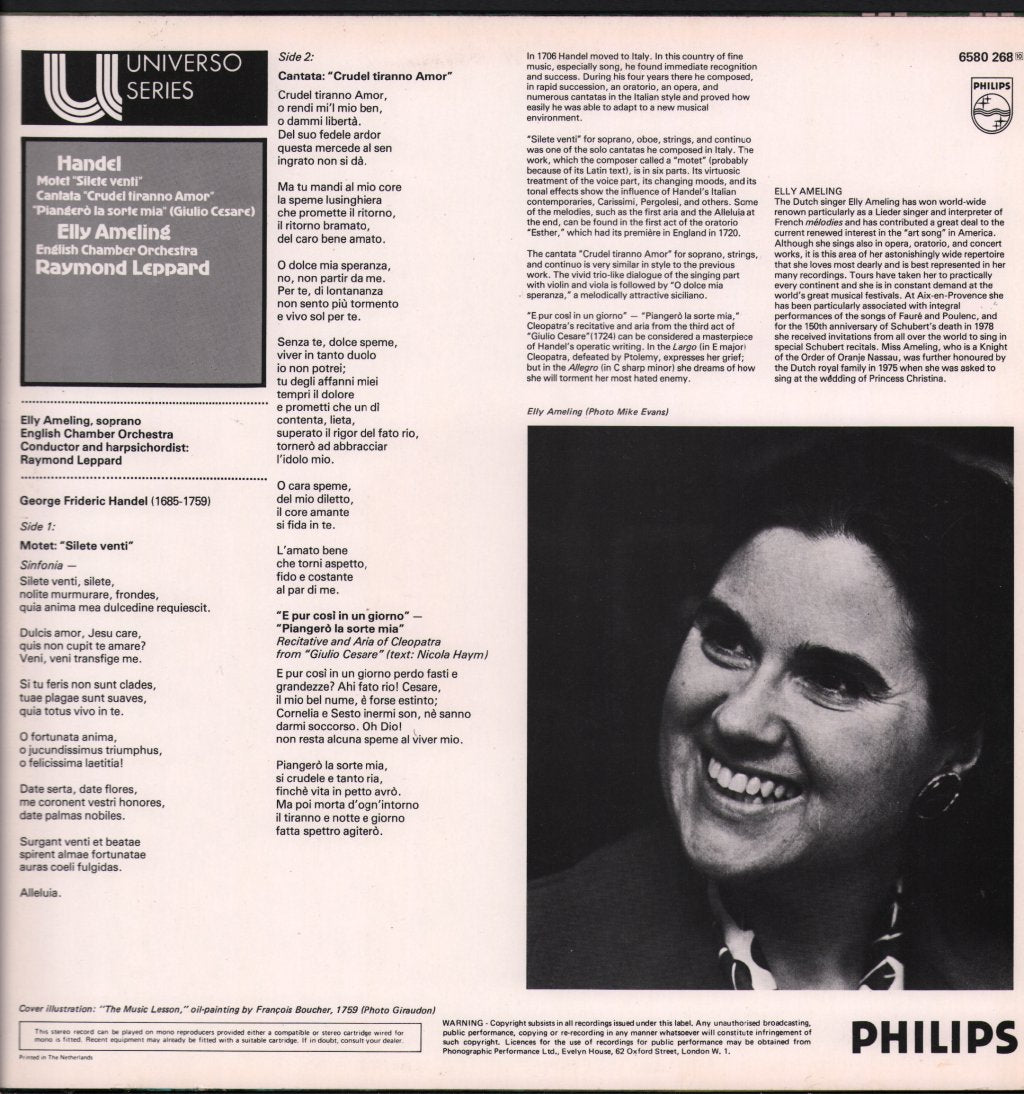 Elly Ameling - Handel - Motet: "Silete venti" / Cantata: "Crudel tiranno Amor" / "Piangero la sorte mia" - Lp