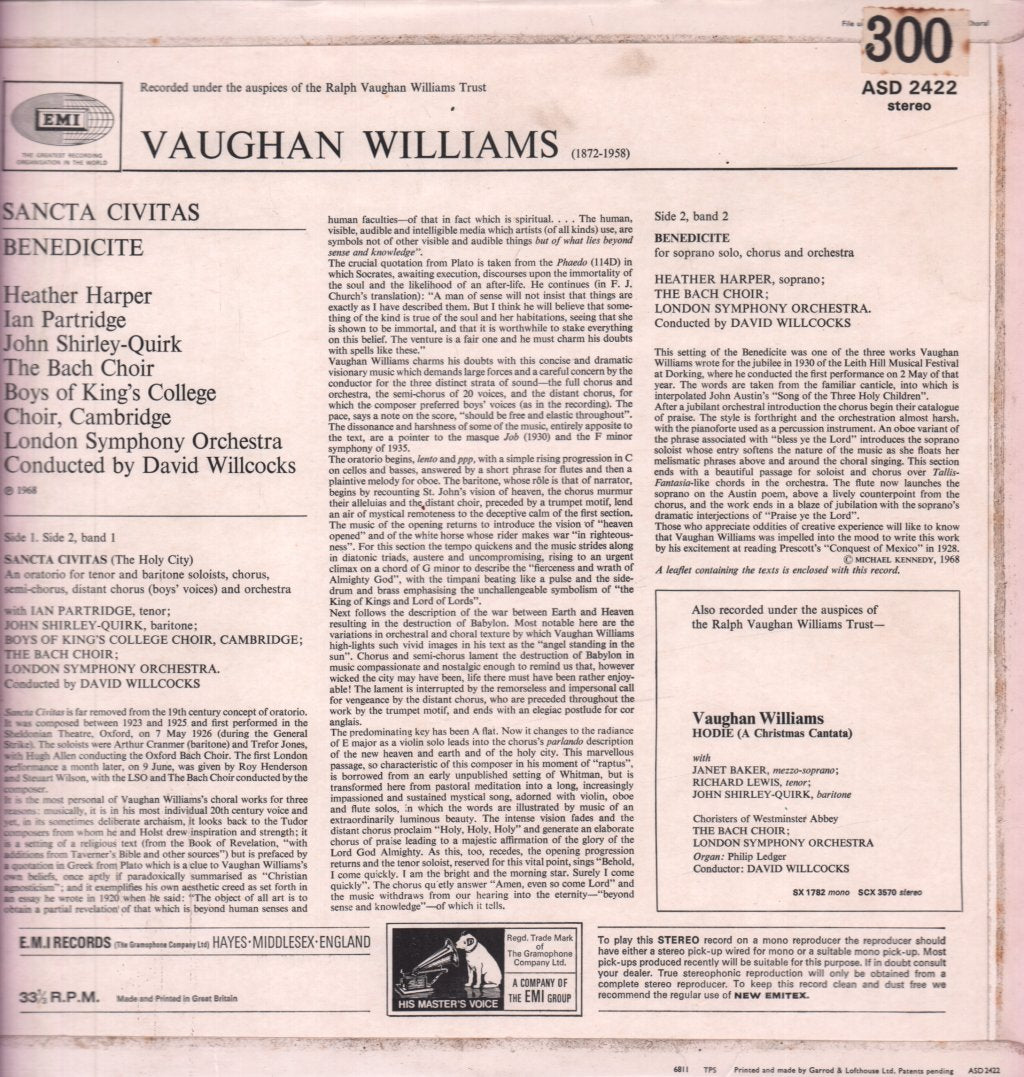 London Symphony Orchestra - vaughan williams Sancta Civitas Benedicite - Lp