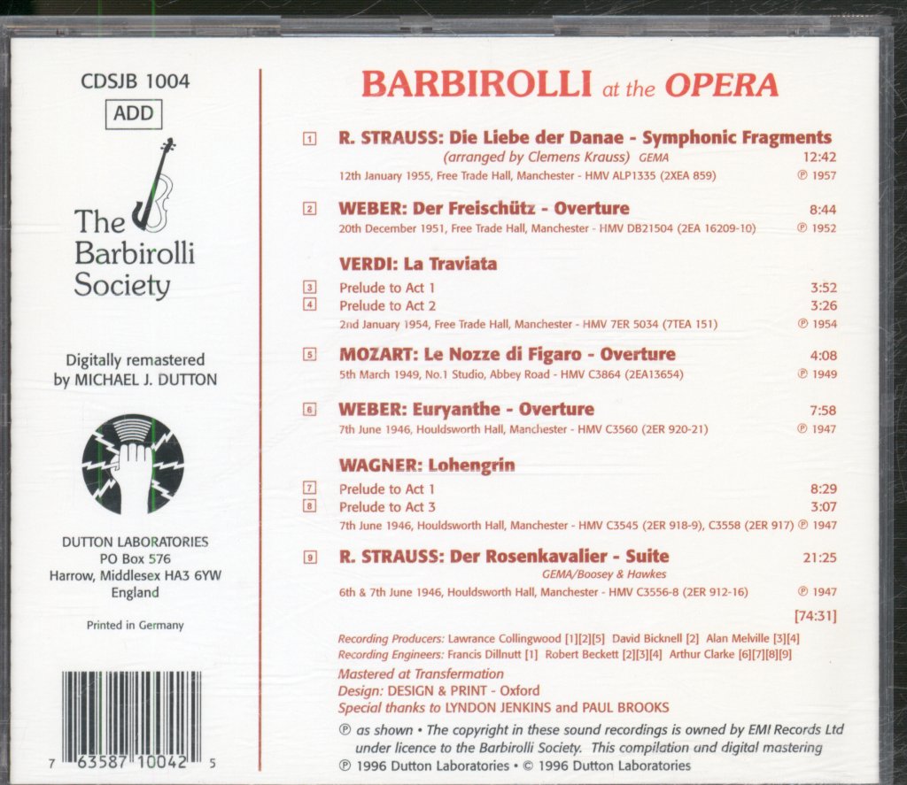 Hallé Orchestra, Sir John Barbirolli - Barbirolli At The Opera: Der Rosenkavalier / Die Liebe Der Danae / Der Freischütz / La Traviata / Lohengrin / Euryanthe / Figaro - Cd