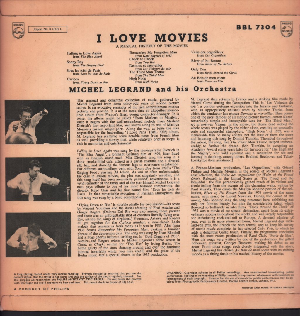 Michel Legrand And His Orchestra - I Love Movies - Lp