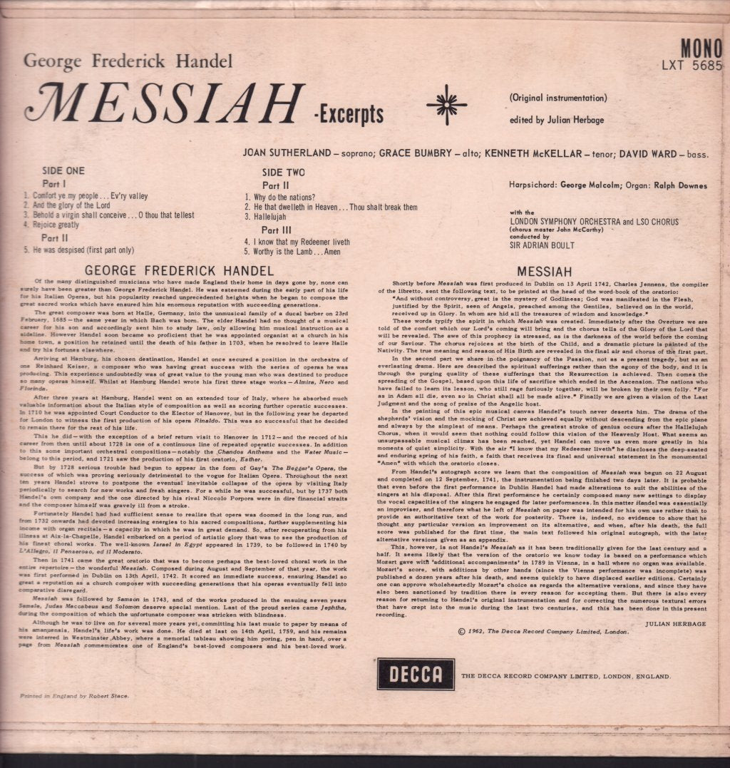 Joan Sutherland / Kenneth McKellar / Grace Bumbry / David Ward / Sir Adrian Boult - Handel Messiah Excerpts - Lp