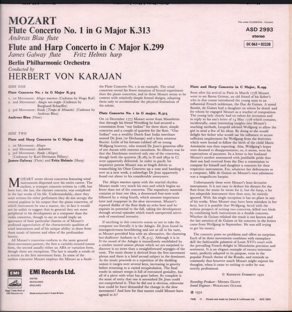 Herbert von Karajan / Andreas Blau / James Galway / Fritz Helmis / Berlin Philharmonic Orchestra - Karajan Conducts Mozart Concertos - Lp