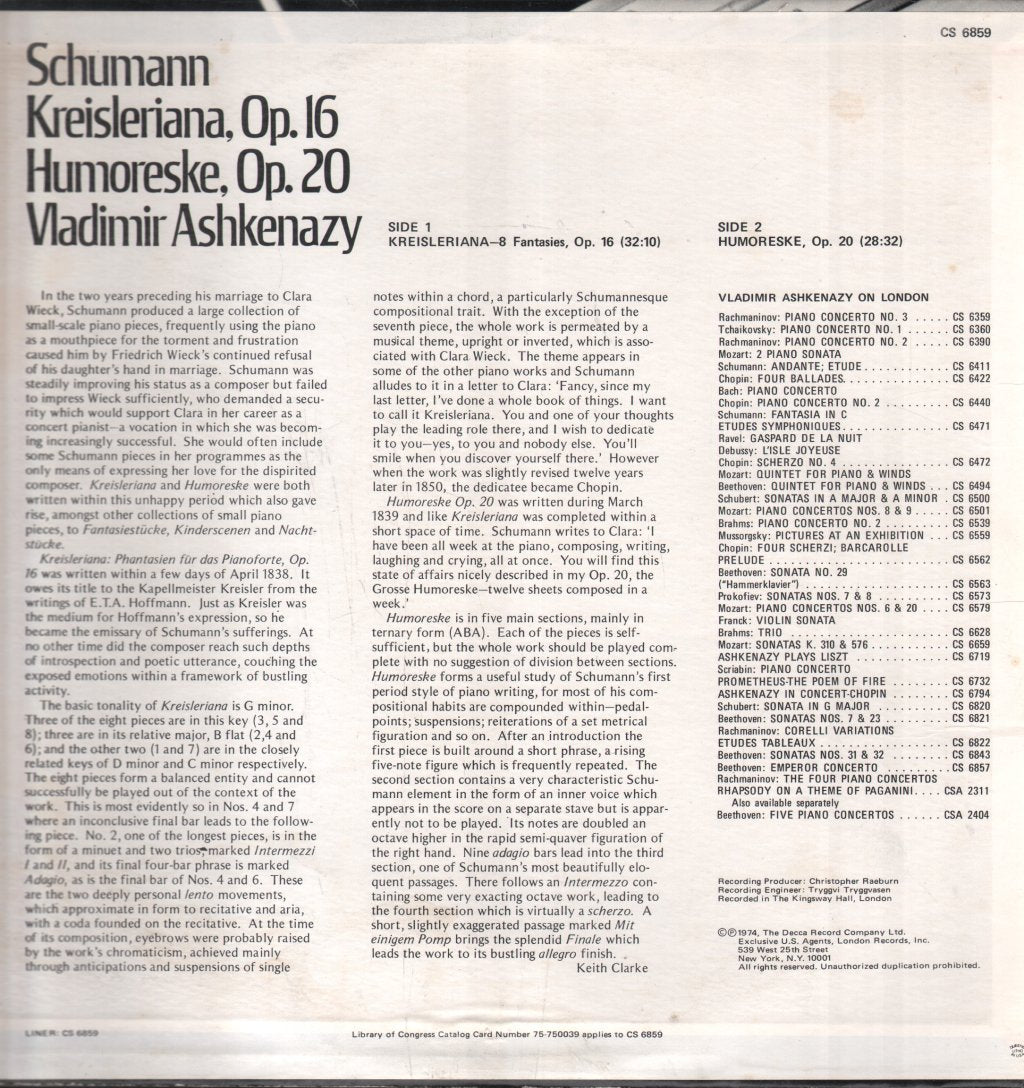 Vladimir Ashkenazy - Schumann - Kreisleriana Op.16/Humoreske Op.20 - Lp