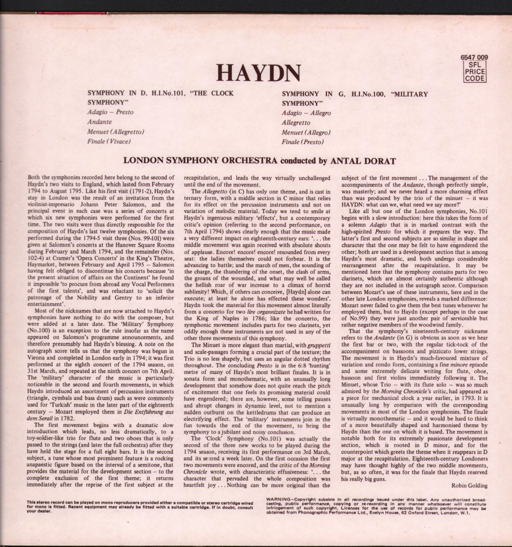 Antal Dorati / London Symphony Orchestra - Haydn -  "Military" Symphony No. 100 In G / "The Clock" Symphony No. 101 In D - Lp