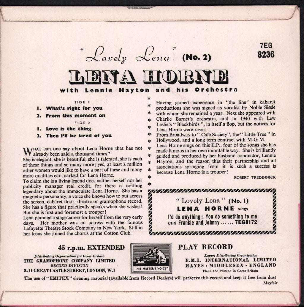 Lena Horne - Lovely Lena No 2 - 7 Inch