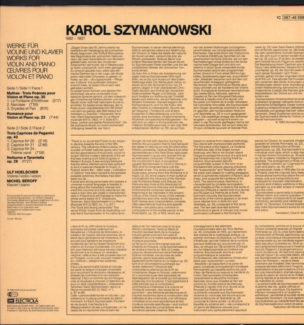 Ulf Hoelscher / Michel Beroff - Szymanowski - Werke Für Violine Und Klavier - Lp
