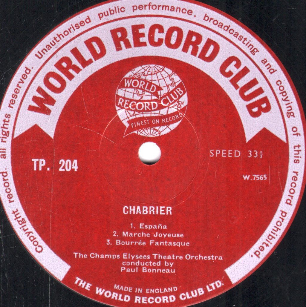 Champs-Elysees Theatre Orchestra / Paul Bonneau - Chabrier - Espana / Joyeuse Marche / Suite Pastorale / Bourée Fantasque - Lp
