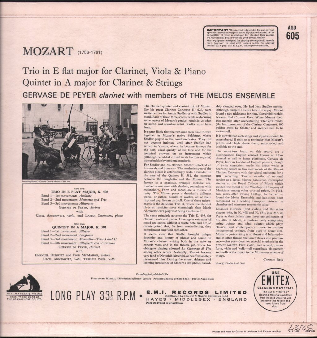 Gervase de Peyer with members of the Melos Ensemble - Mozart - Trio In E Flat Major, K.498; Quintet In A Major, K.581 - Lp