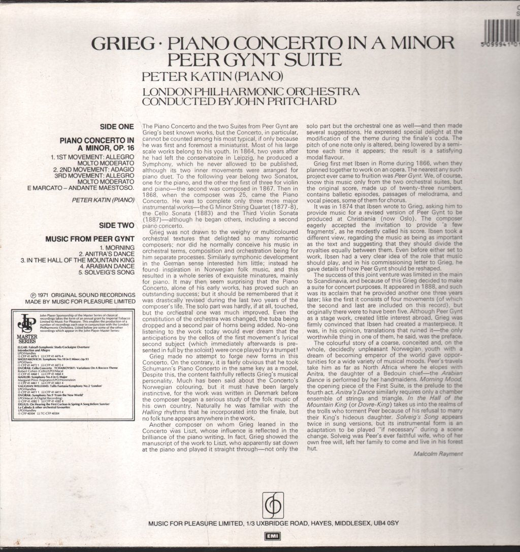 Peter Katin / John Pritchard / London Philharmonic Orchestra - Grieg - Piano Concerto In A Minor / Peer Gynt Suite - Lp
