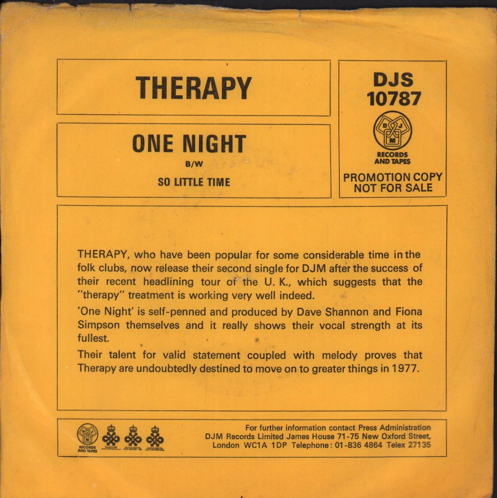 Therapy (Folk Group) - One Night - 7 Inch