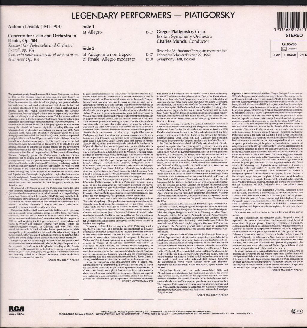 Gregor Piatigorsky / Charles Munch / Boston Symphony Orchestra - Dvorak Cello Concerto - Lp