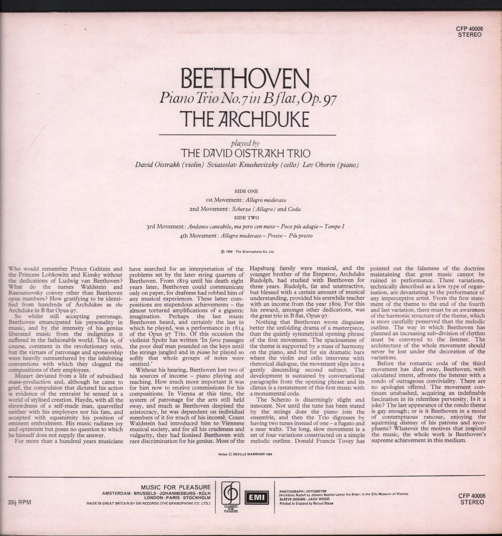David Oistrakh Trio - Beethoven - Piano Trio No.7 In B Flat - Archduke - Lp