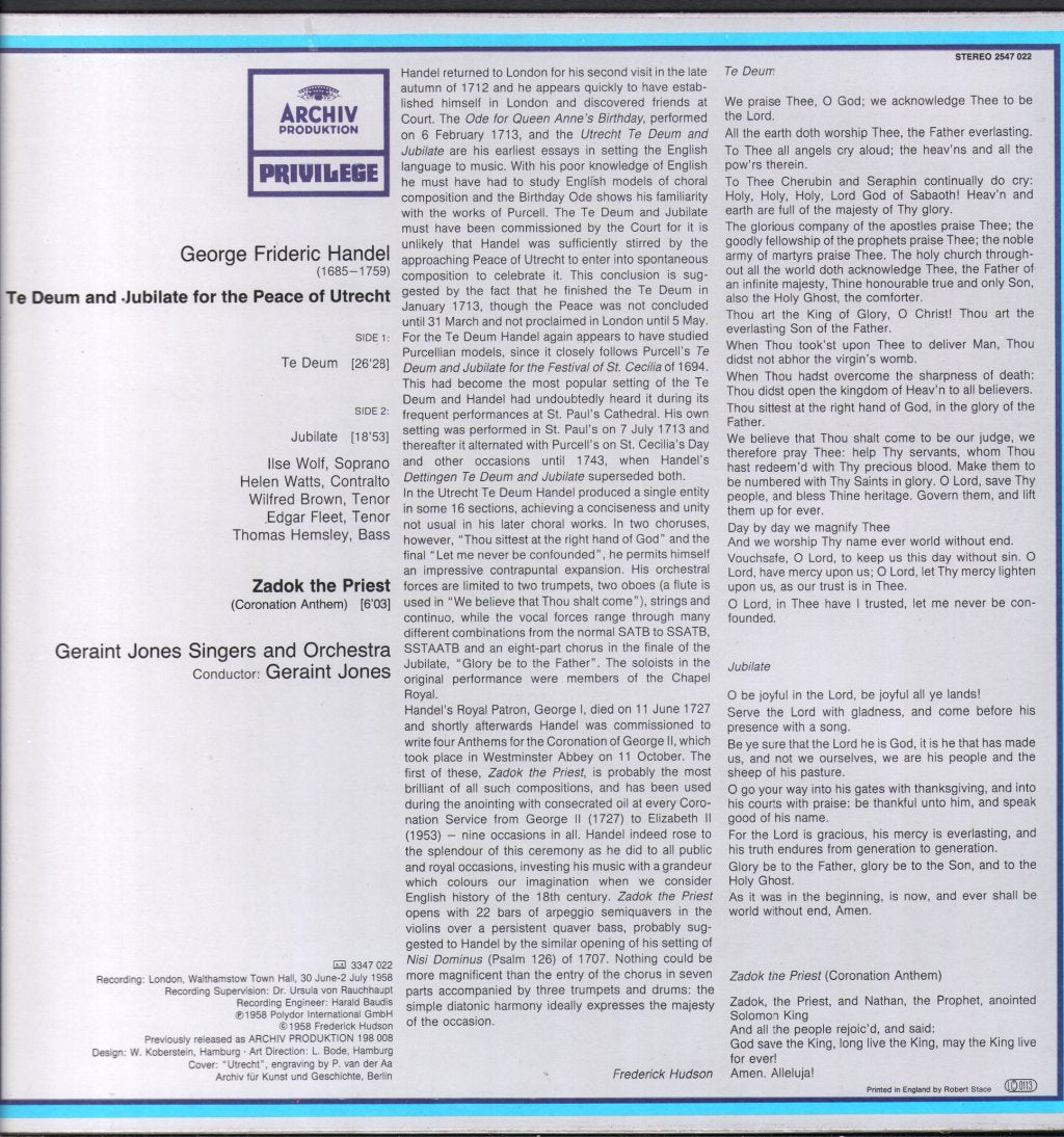 Geraint Jones Singers / Orchestra - Georg Friedrich Handel - Utrechter Te Deum / Jubilate - Lp