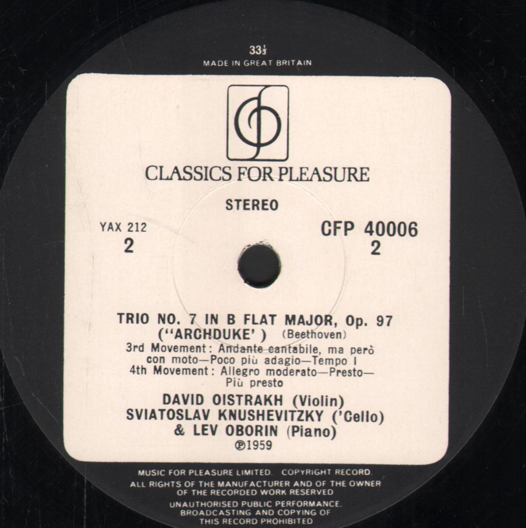David Oistrakh Trio - Beethoven - Piano Trio No.7 In B Flat - Archduke - Lp